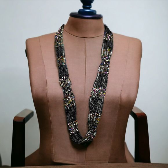 Glass Seed Bead Necklace Multi Strand Black Colorful Tubular Band Statement Boho - Picture 1 of 8